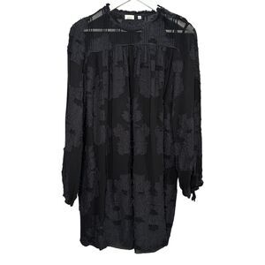 Wilfred Gascon Sheer Floral Silk Balloon Sleeve Dress Black